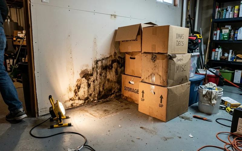 Water-damaged drywall behind stacked boxes in a basement