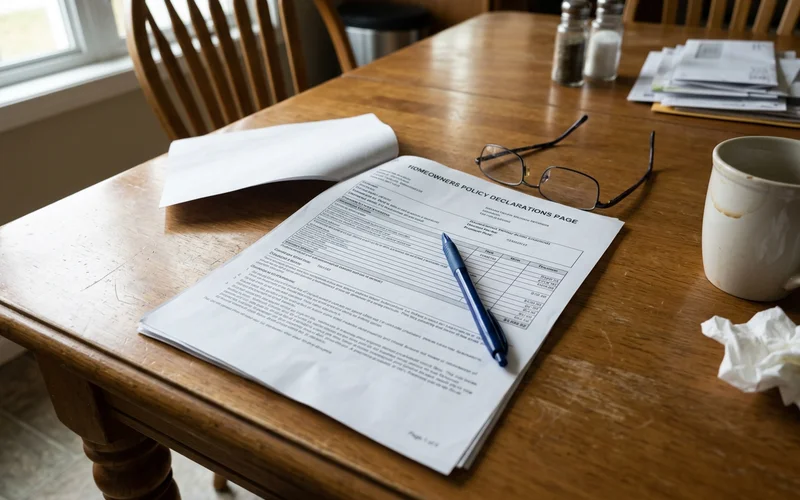 A homeowners policy declarations page on a table