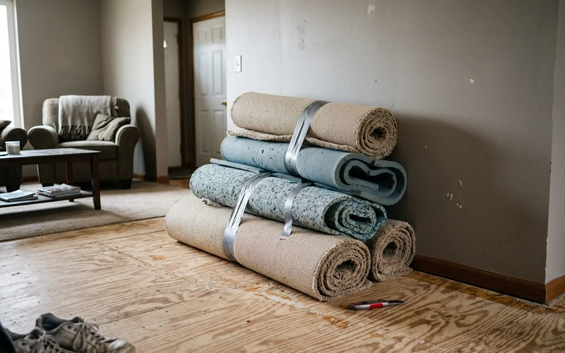 Removed carpet and padding bagged beside bare subfloor