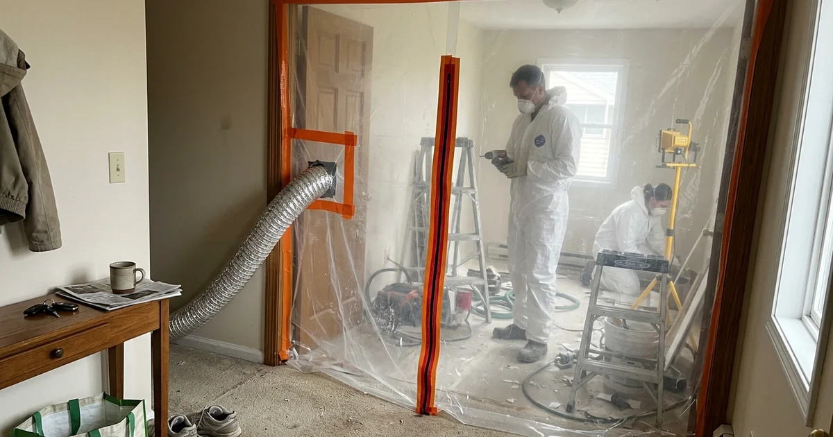 A containment barrier with technicians working through a remediation