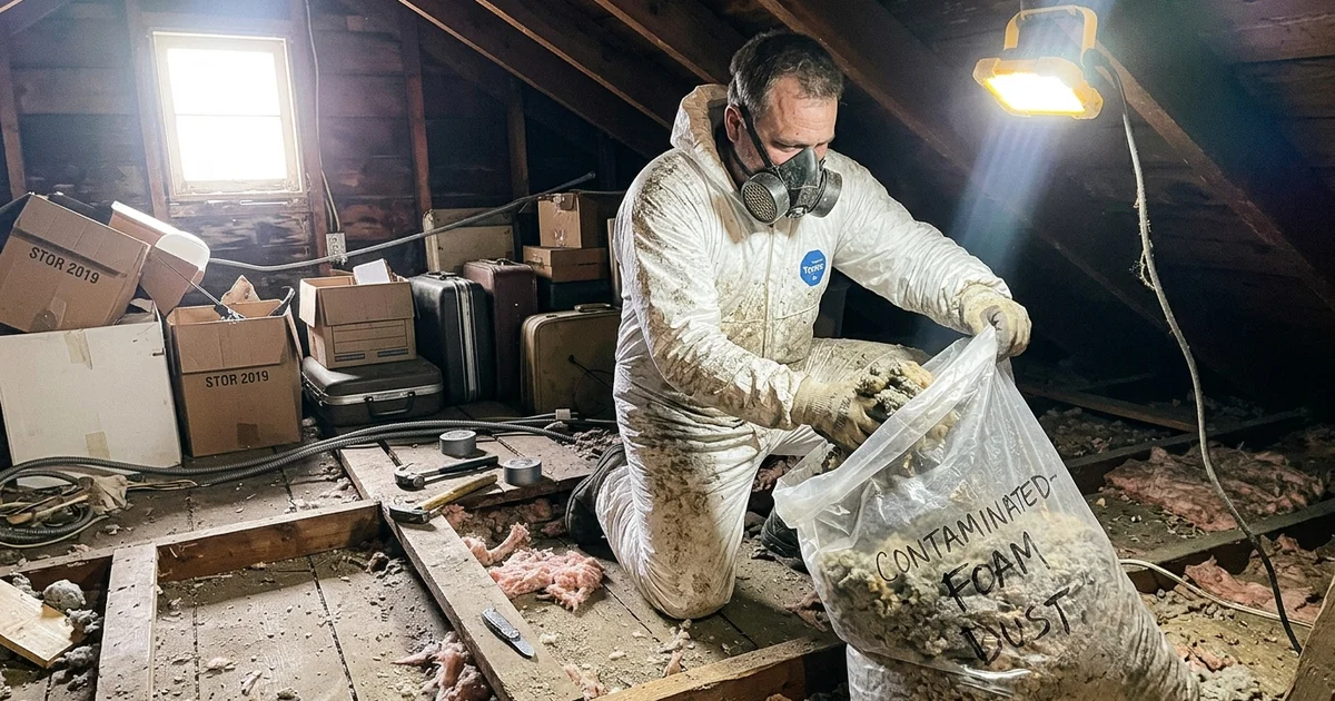 A technician in protective gear removing contaminated attic insulation