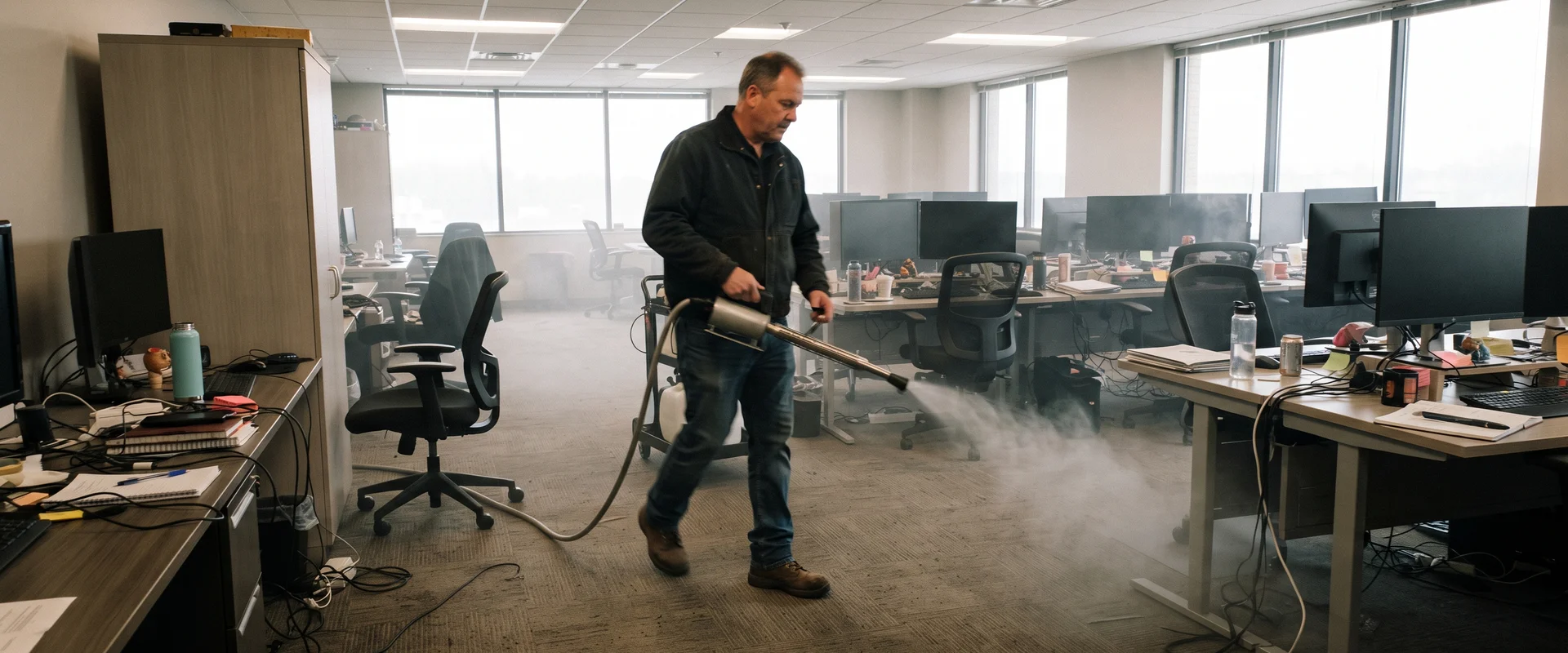 Technician applying hospital-grade disinfectant across a commercial space